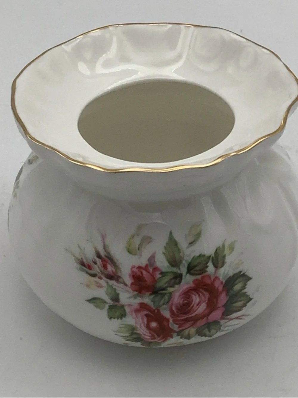 Golden Crown English Bone China Vase with Pink Rose Design